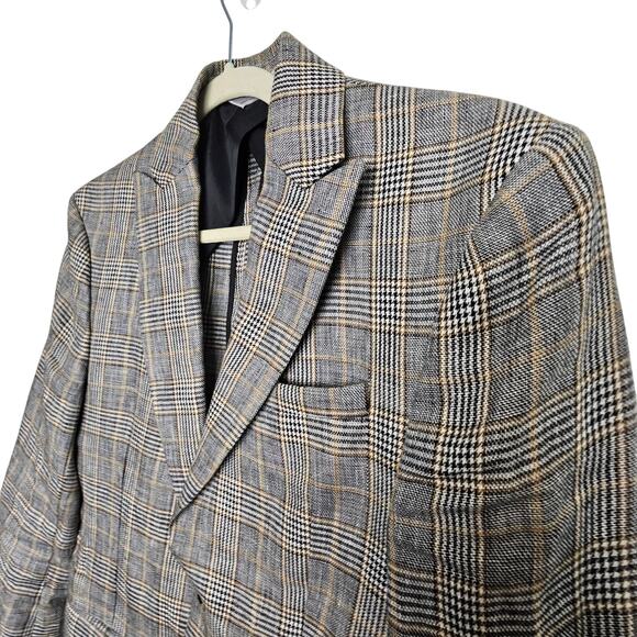 Zara Blazer Plaid Linen Blend Two-Button Peak Lapel Men 38 Brown Black - Picture 5 of 9